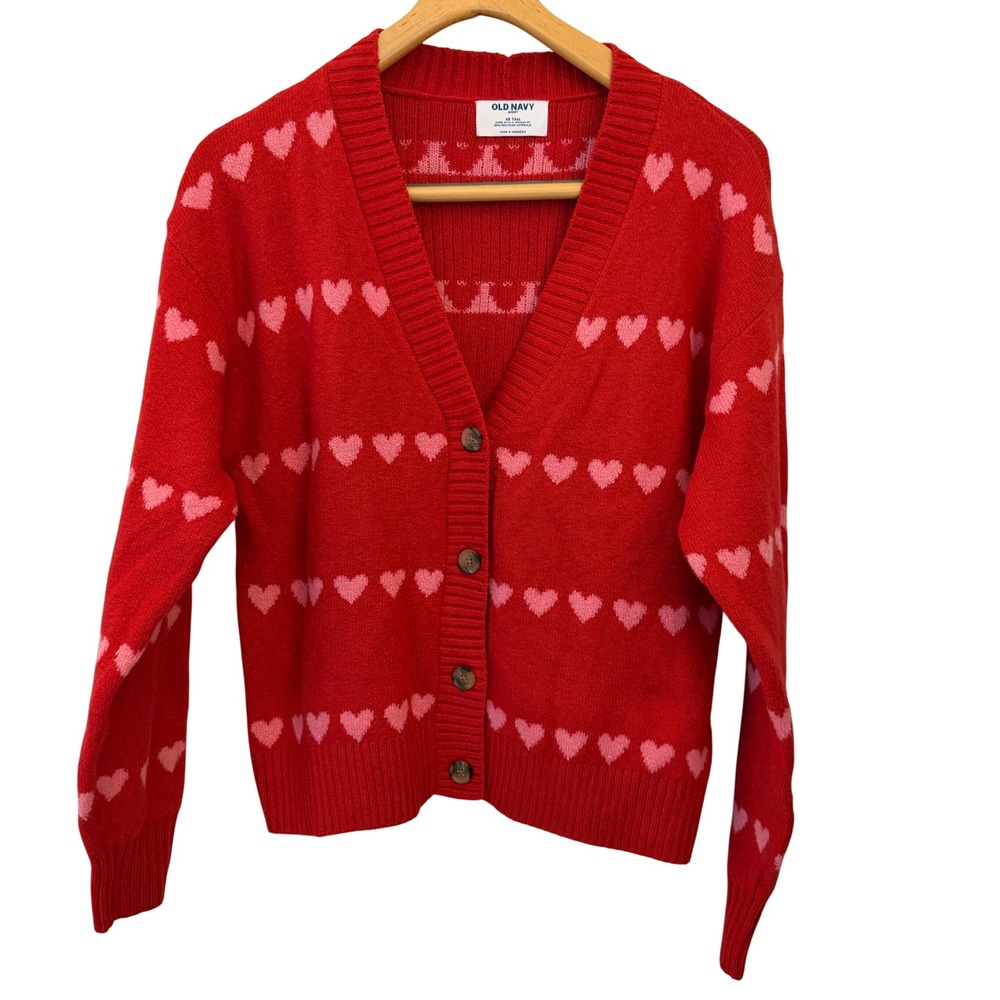 Old Navy Heart Cardigan Womens XS Tall Red Pink SoSoft Button Front NWT